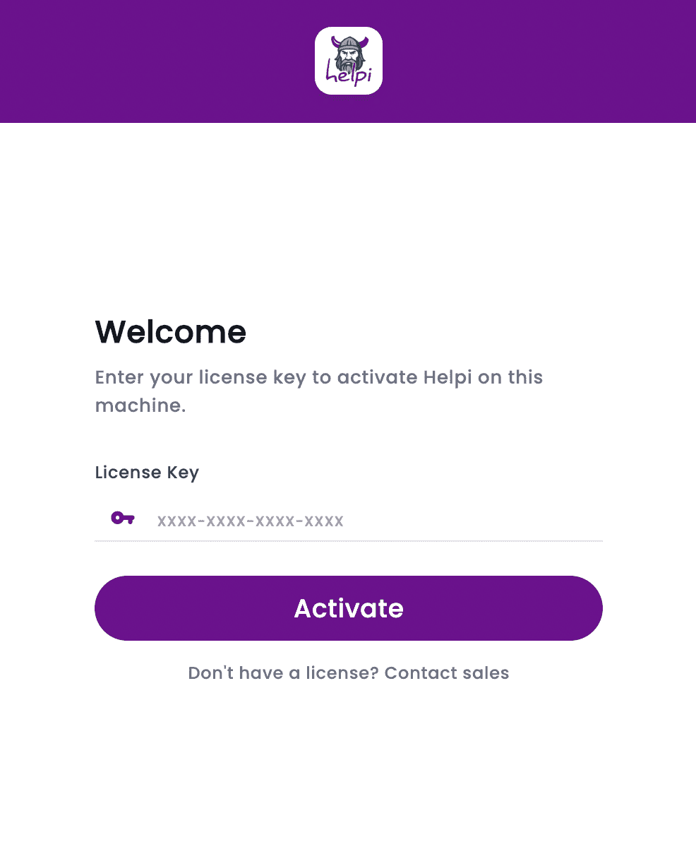 HelpiSecure desktop activation screen showing the license key field