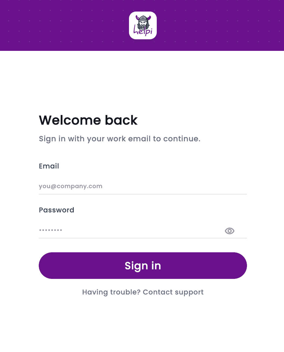 Helpi Employee desktop sign-in screen with email and password fields